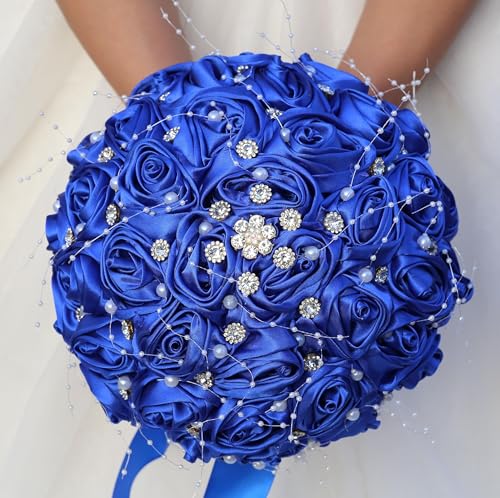 Ujicde Romantic Wedding Bouquet Bridal Bridesmaid Round Bling Brooch Bouquet Throw Toss Artificial Rose Flower Bunch with Sparkle Rhinestone Crystal Decoration(Royal Blue,Dia. 6.3"*16cm) - color: Royal Blue, size: Dia. 6.3"*16cm