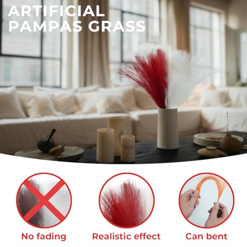 40pcs Artificial Pampas Grass 21.6" Faux Dried Flowers Pompas Grass Bouquet Flower Arrangement and Vase Filler for Gothic Room Decoration Wedding Party Boho Home Decor - color: Red & White