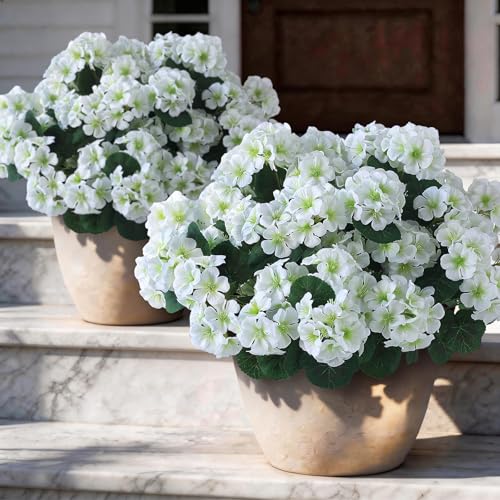 GLIDLION 12 Bundles Artificial Geranium Flowers for Spring Summer Decor, UV-Resistant Fake Plants Realistic Faux Silk Bouquets for Front Door Farmhouse Garden Porch Home Outdoor Decor (White) - color: White
