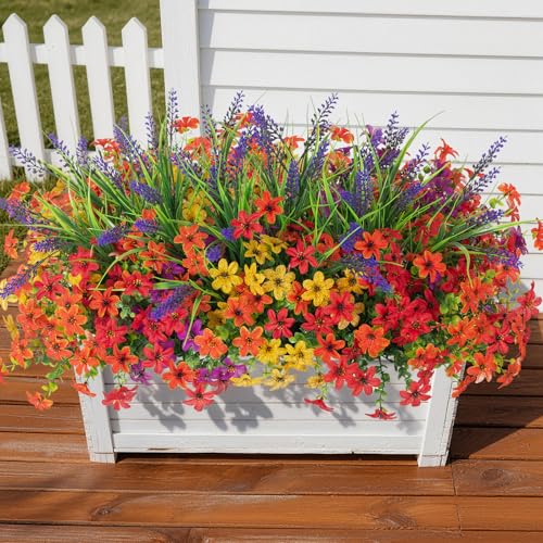 Artificial Flowers for Outdoors UV Resistant, 14 Bundles Fake Flowers Daisy with Lavender Faux Outdoor Plants Silk Flower for Outside Planters Patio Porch Window Garden Yard Spring Summer Decoration - color: Purple Red Orange Yellow
