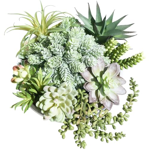 Winlyn 9" Artificial Succulent Arrangement Succulent Plants in Gray Round Planter Faux Potted Succulents for Home Office Bedroom Kitchen Bathroom Table Centerpiece Windowsill Shelf Mantel Decor