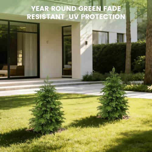 2ft Artificial Cedar Topiary Trees 2 Pack,Real Touch Cedar Tree Faux Plants Potted UV Resistant Evergreen Tree for Outdoor Indoor Door Garden Farmhouse Home Decoration - size: 2ft