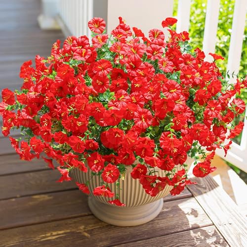 HyeFlora Artificial Flowers for Outdoors Fake Plants Outside Decoration, 12 Bundles Silk Red Morning Glory UV Resistant Look Real Faux Flowers for Planter Front Door Porch Patio Yard Gardens Balcony - color: Red