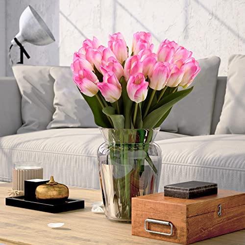 20PCS Artificial Tulips Real Touch Faux Flower Moisturizing Tulips for Photography Ornaments Home Garden Wedding Party Decor Fake Flowers (Pink Green) - color: Pink Green