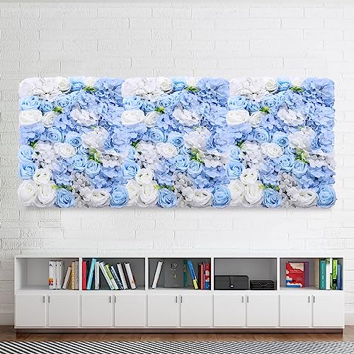 Artificial Flower Wall Panel, 4 Pcs White Silk Rose Blue Hydrangea Flower Wall Mat Fake Flower Wall Backdrop for Wedding Party Decoration 24" X 16" - color: 4pcs Blue White