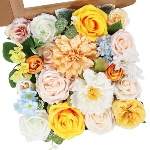 Artificial Flowers Combo Box Set Artificial Bouquets Wedding Flowers Faux Orange Flowers Roses with Stems for Wedding Centerpieces Party Home Decor - color: Orange
