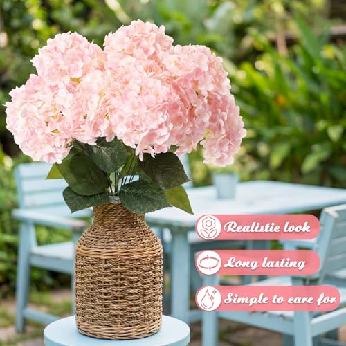 Hotop Hydrangea Artificial Flower Bush for Outdoor 19.6inch Large Silk Hydrangea 5 Heads Realistic UV Resistant Fake Flower for Porch Bouquet Window Box Wedding Indoor(2 Pcs,Pink) - color: Pink