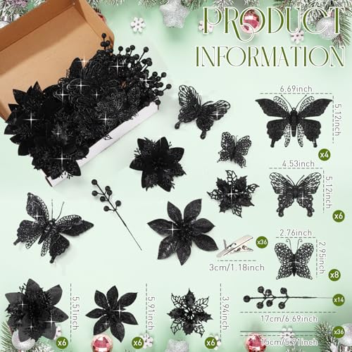 Thiccywoov 122 Pcs Christmas Glitter Poinsettia Artificial Flowers Berry Picks Butterfly Christmas Tree Ornaments 3 Styles Poinsettia kit with Clip for Xmas Wreath Home Tree Decor(Black) - color: Black
