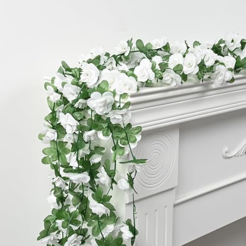 Sherika 9 Pcs 72FT Artificial Flower Garland, Fake White Roses Vines Hanging Silk Flowers Faux Floral Garland for Wedding Arch Room Wall Backdrop Bedroom Centerpieces Mothers Day Decorations - color: White
