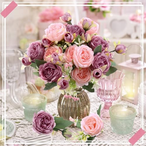 8 Bundles Artificial Peonies Flowers Boho Faux Flowers Arrangements Artificial Centerpiece Spring Bouquet Floral Wedding Decoration for Vase(Pink, Dark Pink) - color: Pink, Dark Pink