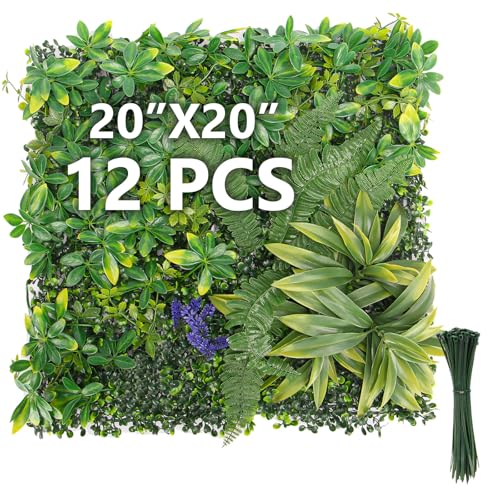 12 Pack 20"x20" Grass Wall Panels - Artificial Boxwood Panels for Greenery Wall Backdrop, Faux Greenery for Indoor Outdoor Decor, Garden Fence, Wedding, Privacy Screen, 33 Sq. Ft. Coverage - color: 12pcs-with Flower, size: 20''*20''-with Flower
