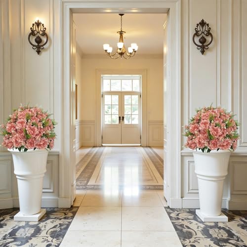 24” Artificial Flowers for Outdoors, Set of 2 Realistic Faux Pink Peonies in Cement Pots, UV Resistant Fake Plants Look Real for Front Porch, Entryway & Indoor Spring Decor - color: Peony Coral Pink