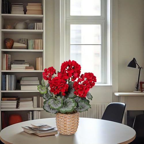 Briful Artificial Red Geranium Flowers in Woven Basket, 14.5’’ Tall Silk Flower Arrangement, Realistic Geraniums Artificial Outdoor Plants for Home Indoor Farmhouse Table Wedding Centerpiece Decor - color: 14.5'' Tall Red, Woven Basin