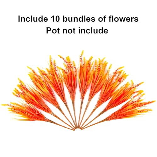 Artificial Fall Fake Outdoor Plants Flowers for Autumn Decoration,10 Bundles Faux Plastic Tall Monkey Grass Greenery UV Resistant Realistic for Home Outside Planter Window Porch Patio Garden (Orange) - color: Orange