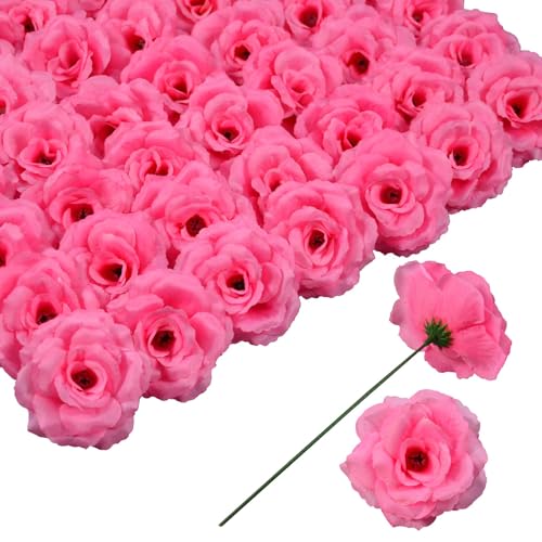Rose Artificial Flowers, 50Pcs Hot Pink Roses Head Flowers Bulk with Stem, 3 Inches Silk Rose Fake Flower Head for Wedding Party Home Decor DIY Baby Shower Centerpieces Tables Decoration(Deep Pink) - color: Deep Pink