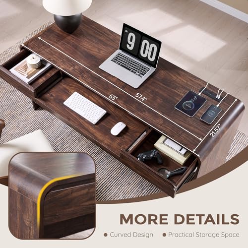 63" Modern Computer Desk with 2 Drawers, Wood Curved Executive Desk with Keyboard Tray & Power Outlet, Writing Desks with Storage for Home Office, Study Room, Living Room (Brown) - color: Brown