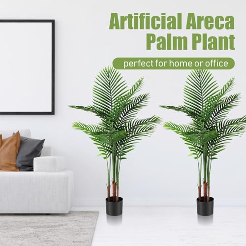 Jexine 2 Pack Artificial Palm Trees 4Ft, Fake Plants Fake Trees Artificial Areca Palm Plants for Outdoor Indoor Faux Palm Tree in Pot for Pool Home Decor Office Housewarming Gift Modern Decoration - size: 4 feet