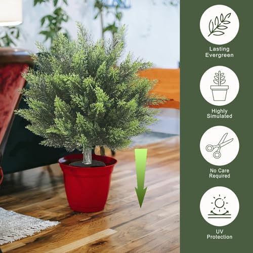 28inch Artificial Topiary Tree Set of 4 Beautiful Realistic Faux Cedar Pines Christmas Trees UV Rated Fake Shrubs for Front Porch Faux Plants Indoor and Outdoor Decor - color: 4pcs-cedar-ball