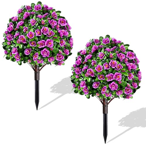 Waipfaru 2 Pack Artificial Flowers Topiary Ball Trees for Outdoors, 24" Fake Bushes Plants, UV Resistant Faux Shrubs with Ground Spike for Front Porch Planters Patio Garden Yard Decor(Fuchsia) - color: Fuchsia
