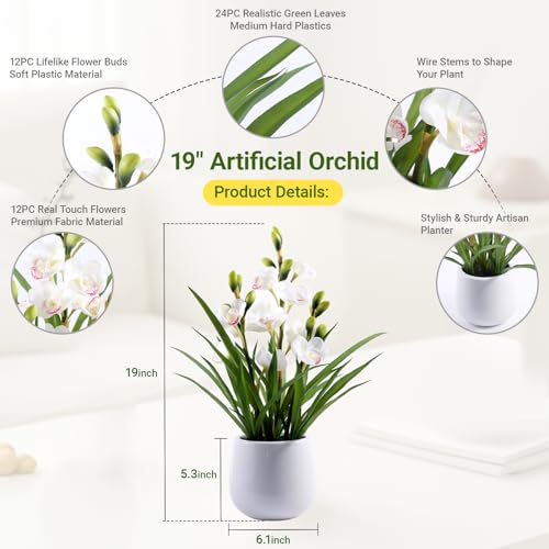 Fake Orchid Plant 19" Tall, Realistic Touch Leaves, Potted Cymbidium Artificial Plants Indoor for Home Decor Small Office Home Living Room-White - size: 19 Inch Cymbidium Orchid White