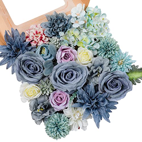 AmyHomie Blue Artificial Flowers Combo Silk Mix Peony Rose Hydrangea Fake Flowers w/Stem for DIY Wedding Bouquets Centerpieces Arrangements Table Decor Party Bridal Baby Shower Home Decorations - color: Blue