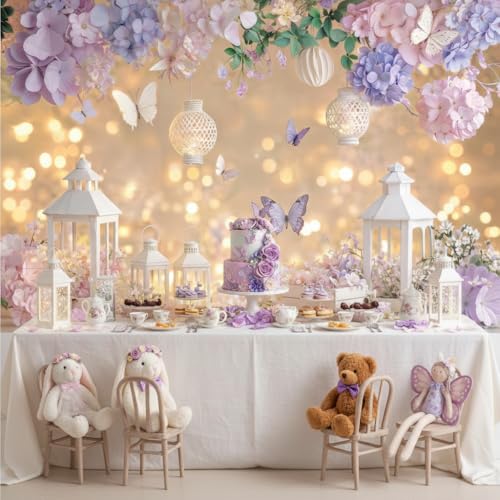 5X3ft Purple Pink Butterfly Floral Backdrop for Photography Romantic Bokeh Butterfly Flowers Theme Girls Party Decorations Background Wedding Bridal Shower Birthday Tea Party Photo Booth Props - color: Multi4, size: 5x3ft