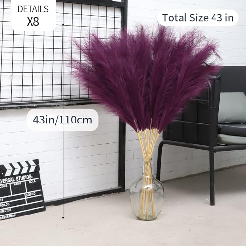 43" Purple Pampas Grass Decor - 8 PCS Tall Faux Pampas Grass Decor Artificial Pompas Grass for Floor Vase Filler Wedding Boho Home Baby Shower Mothers Day Decoration - color: Purple