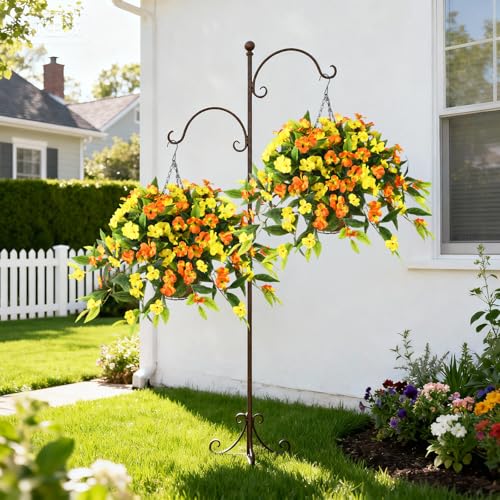 Hommyea Artificial Fake Hanging Flowers Plants Basket for Outdoors Outside Decoration UV Resistant Faux Silk Flowers Look Real Plastic Flowers for Spring Planters Home Porch Patio Garden Decor - color: 3psc Orange Yellow