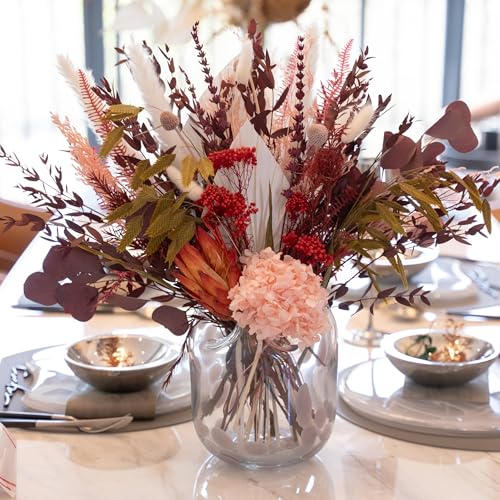 Dried Flower Bouquet, Blush Pink & Burgundy Boho Arrangement, Preserved Hydrangea Eucalyptus Florals for Wedding Bridal Bouquet, Farmhouse Romantic Home Decor Vase Filler - color: Blush Pink & Burgundy Dried Flower Bouquet