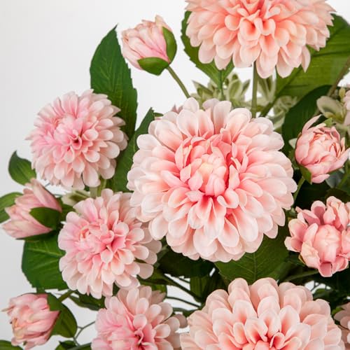 Hollyone Pink Fake Flowers in Vase Dahlia Artificial Flowers in Glass Vase with Faux Water Dahlia Silk Flower Arrangements for Bathroom Office Table Centerpiece Shelf Decorations Home Decor - color: Pink