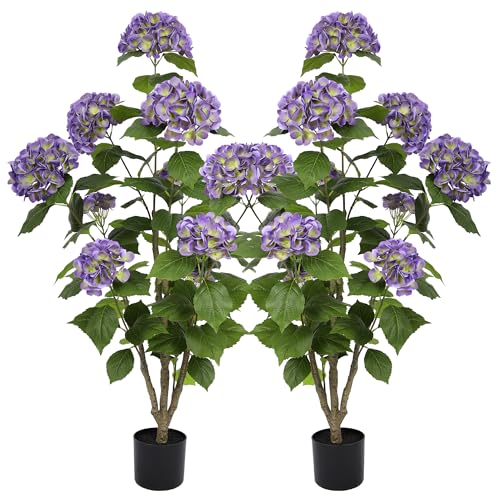 Nafresh 4FT Real Touch Faux Hydrangea Tree Outdoor, 2 Pack Purple Hydrangea Tree Artificial with Vibrant Blooms, Faux Hydrangea Potted Plant for Indoor Outdoor Home Front Porch Pation Decor - color: Purple, size: 4ft