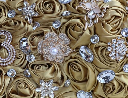 Luxury Cascade Bridal Wedding Bouquet Satin Rose Waterfall Holding Bouquet Artificial Flower Bunch for Bride Bridesmaid(Gold, 17.3" x 8.7") - color: Gold, size: 17.3"L x 8.7"W(44cm x 22cm)