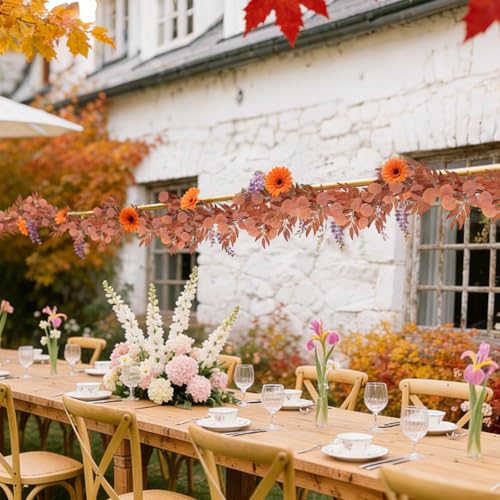 RECUTMS 2Pcs Artificial Fall Eucalyptus Garland with Willow Leaves 6Ft Hanging Silk Orange Leaf Vine Greenery Faux Ivy Plants Indoor Outdoor Home Office Party Wedding Table Arch Fireplace Autumn Decor - color: Eucalyptus Leaf Orange
