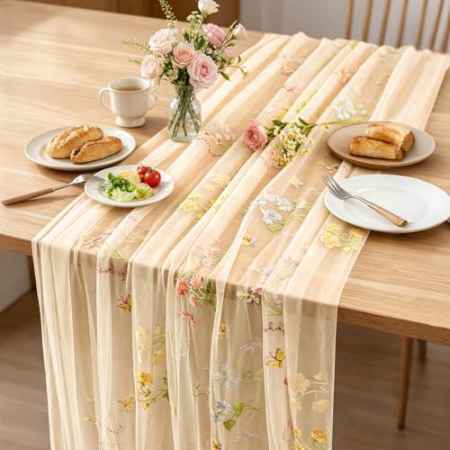 BINBE 3pcs Champagne Florals Table Runner Embroidery Gauze 10FT Daisy Seasonal Tulle Birthday Wedding Holiday Kitchen Dining Table Decor for Home Party - color: Champagne, size: 10ft x 3pack