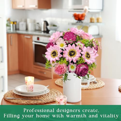 3 Pcs Fall Flowers Artificial Mums Silk Fake Mums Bouquet Faux Floral Arrangements Home Indoor Outdoor Planter Decor Party Wedding Table Autumn Decoration (Purple, Pink) - color: Purple, Pink
