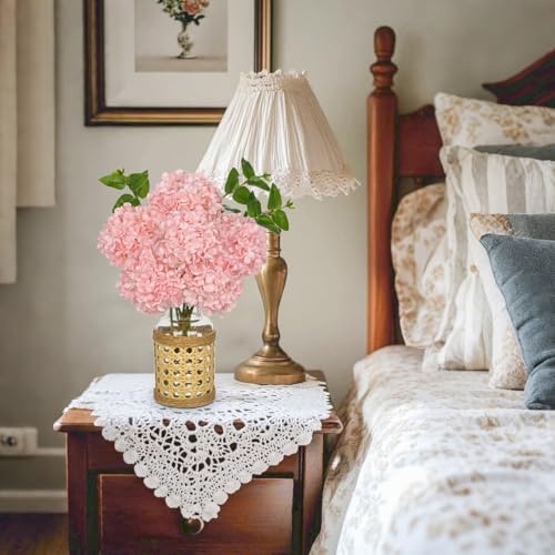 Hollyone Pink Hydrangea Artificial Flowers in Woven Glass Vase with Faux Water Silk Hydrangeas Fake Flowers Floral Arrangement for Home Indoor Bathroom Kitchen Office Table Centerpiece Shelf Decor - color: Pink-woven Vase