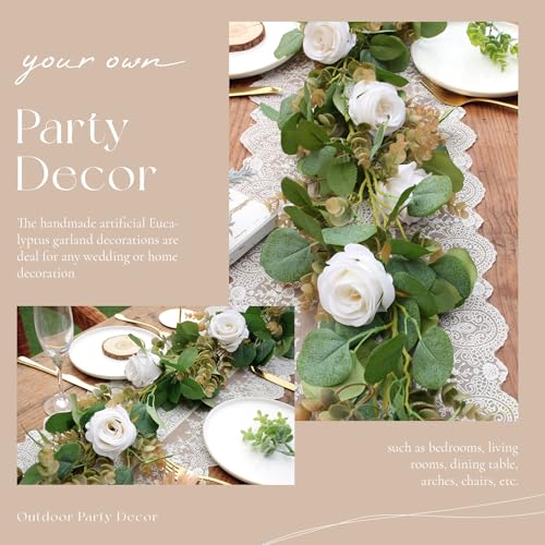 Der Rose 6.5FT Artificial Flower Garland, White Rose & Eucalyptus Floral Garland, Faux Flower Vine for Wedding Decor Table Runner Arch & Backdrop Decor (1 Pc) - color: White 1 Pcs