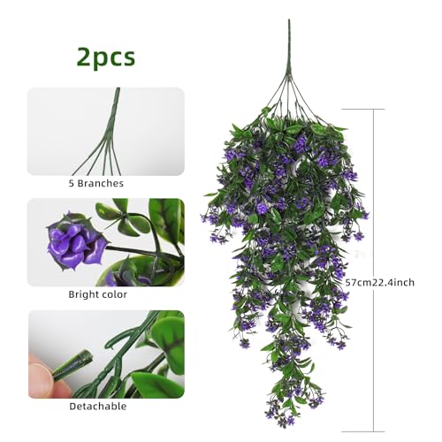 RECUTMS 2Pcs Artificial Hanging Flowers for Outdoor Decoration Fake Hanging Plants Faux Purple Flowers Artificial UV Resistant Plastic Greenery Vines Ivy for Outdoor Indoor Garden Party Decor（Purple） - color: Purple-rose