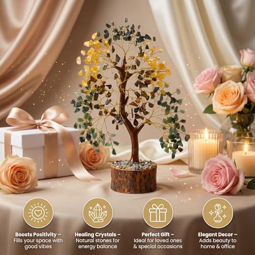 ANAYA AGATE Money Wealth Crystal Tree Set with Tree of Life Citrine, Pyrite, Tiger Eye & Green Aventurine, Chakra Healing Gemstone Trees for Prosperity, Success, Good Luck & Positive Energy - color: Money Wealth Golden Wire