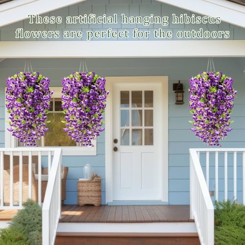 XunYee 8 Pcs Artificial Hibiscus Flowers for Outdoors Spring Summer Decor Fake Hanging Flowers Plants Uv-Resistant Faux Hibiscus Flower for Outside Porch Patio Front Door (Blue and Purple) - color: Blue and Purple