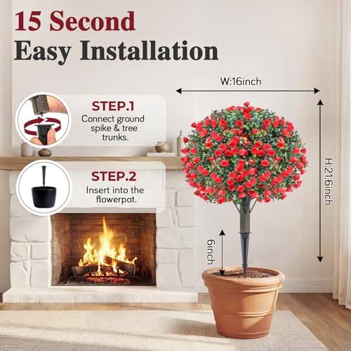PATIO CHOICE Topiary Trees Artificial Outdoor Boxwood Ball Trees with Rose Set of 2 22" Fake Outdoor Plants Faux Bushes and Shrubs Decorations for Outdoor Indoor Front Porch Garden - color: Rose, size: 22in