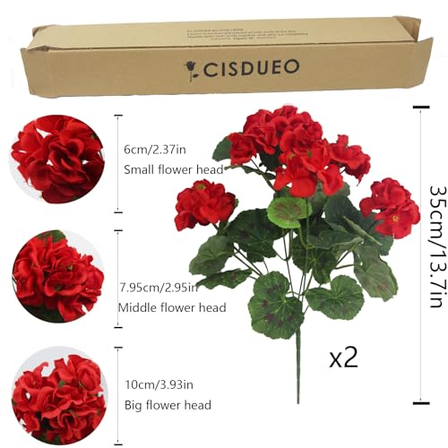 CISDUEO 2 Pcs Artificial Geranium Flowers for Outdoors Silk Flowers Outside UV Resistant Red Fake Geraniums Bush Faux Flowers for Planter Outdoor Decor Indoor Garden Patio Table Centerpiece - color: Red