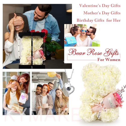 Gifts for Mom Rose Bear, Rose Teddy Bear Birthday Gift for Girlfriend Wife, Rose Flower Gift for Women,Valentines Gifts,Flower Bear with I Love You Necklace - color: White Rose