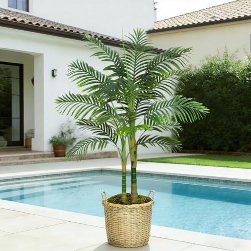 Artificial Palm Tree Indoor Plant Tall Fake Tropical Palm Tree in Pot with Real Bark Design Faux Areca Palm Tree for Home Office Living Room Bedroom Farmhouse Modern Outdoor Decor (13 Leaves 4 FT) - color: Black, size: 4FT