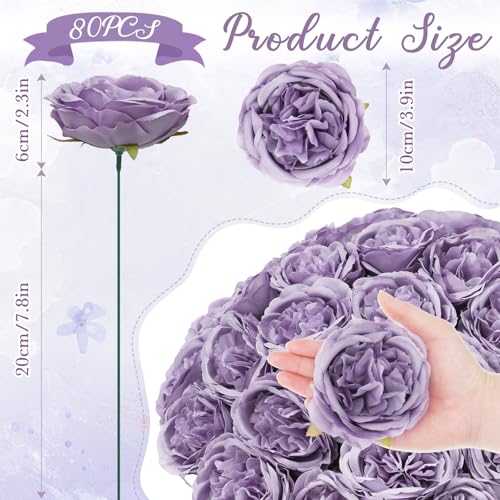 Suncalla 80 Pack Austin Rose Peonies, 3.94 Inch Artificial Flowers Heads Bulk with Stems Leaves for Arrangement Wedding Centerpiece Banquets Party Home Kitchen Decor DIY(Purple) - color: Purple