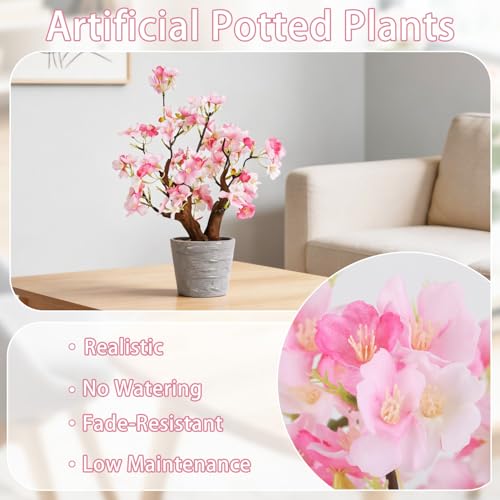 TOARTi Artificial Pink Cherry Blossom Potted Plant with Pot, 9.8" Tall Fake Flowers Faux Plant Desk Decor, Realistic Decorative Plants Indoor Decor for for Home Bedroom Bathroom Office Desk - color: Pink Cherry Blossoms-small 9.8''