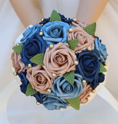 Handmade Wedding Bouquet Artificial PE Rose Bridal Bridesmaid Bouquet with Soft Ribbons Wedding Hand Holding Bouquet Artificial Fake Flowers Toss Bouquet(B-Blue & Navy Blue & Pink, 7.9"/20cm) - color: B-blue & Navy Blue & Pink, size: 7.9"/20cm