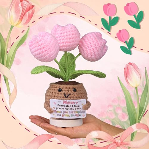 for Mom from Daughter Son - Handmade Crochet Tulip Bouquet in Smiling Flower Pot, 3 Pink Tulip Flowers with Thank You Mom Card, Potted Plant Gift for Grandma Wife Sister, Desk Decor - color: Thank You Mom
