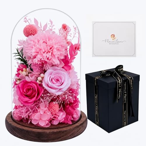 Preserved Flowers in Glass, Eternal Real Flowers with 1 Carnation & 2 Pink Roses for Women Mom Grandma Forever Rose Bouquet for Anniversary Birthday Mother's Day Lasts 3-5 Years(No Lights) - color: Light Pink