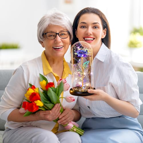 Mothers Day Flowers Gifts for Mom Birthday Gift Rechargeable Galaxy Glass Rose in Glass Dome Forever Crystal Rose Flowers Anniversary Mother's Day Roses Gifts for Daughter Wife Women Grandma Purple - color: Usb-b Purple